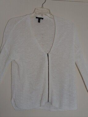 Eileen Fisher Organic  Linen Cotton Zip Front Cardigan Sweater White Womans Xxs.